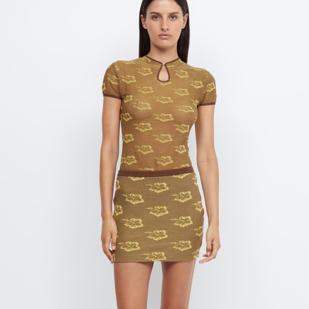 NWT Bec + Bridge Keoni Caramel Hibiscus Knit Mini Skirt Women's Small S